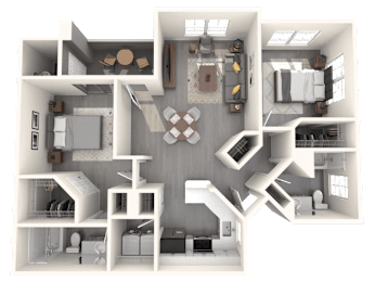A 3D floor plan of a house with a kitchen, living room, and two bedrooms.