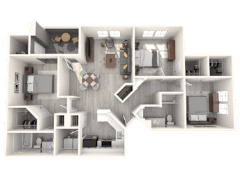 A 3D floor plan of a house with a kitchen, living room, and bedrooms.