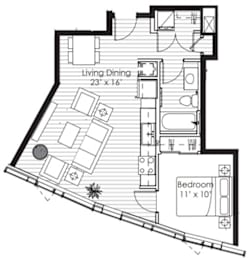 A floor plan of a living space with a dining area and a bedroom.