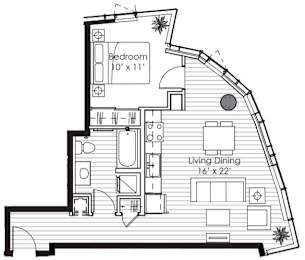 A black and white drawing of a house floor plan with a bedroom and a living dining area.