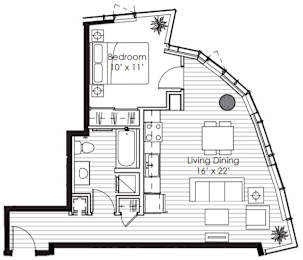 A black and white image of a house floor plan with a bedroom, living dining area, and a kitchen.