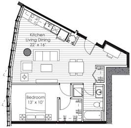 A floor plan of a small apartment with a kitchen, living room, and bedroom.