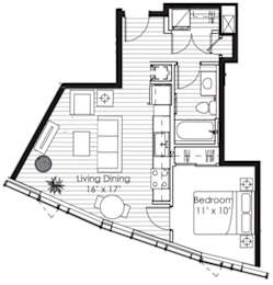 A floor plan of a small apartment with a living dining area and a bedroom.