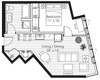 A floor plan of a small apartment with a bedroom and living/dining area.