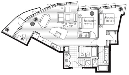 A black and white image of a house floor plan with two bedrooms.