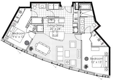 A black and white floor plan of a house with a living dining area and two bedrooms.