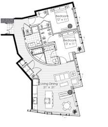 A black and white image of a house floor plan with two bedrooms, a living room, and a dining area.