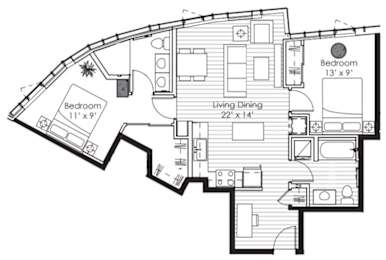 A black and white image of a house floor plan with two bedrooms, a living room, and a dining area.