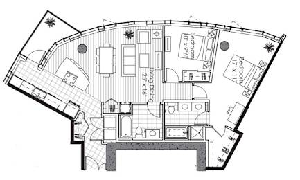 A black and white image of a floor plan for a house.