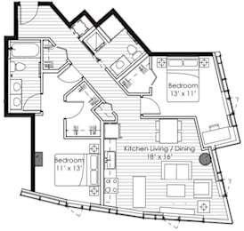 A black and white image of a house floor plan with two bedrooms and a kitchen living/dining area.