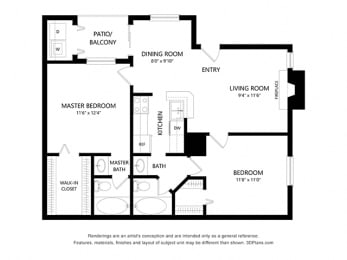 2 bed 2 bath 830 sq ft floorplan layout