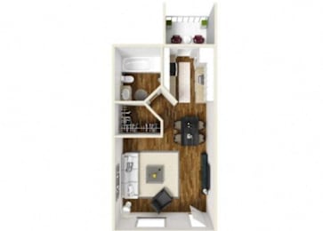 A small apartment with a kitchen and a bathroom.