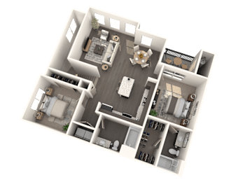 A 3D floor plan of a house with a living room, kitchen, dining room, and two bedrooms.