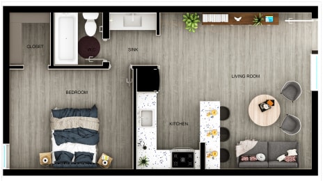 one bedroom layout with classic finishes