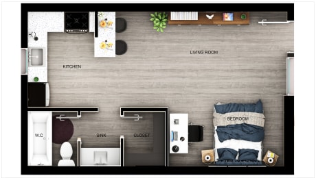 studio layout with classic finishes