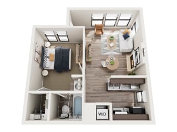a 3d floor plan of a bedroom with a living room