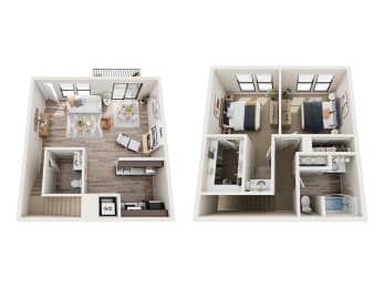 a stylized floor plan of a house with a bedroom and a living room