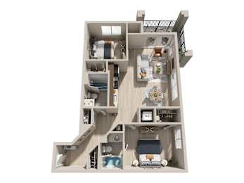 3D two bedroom apartment floor plan layout at Six Oaks Apartments, Bothell, WA