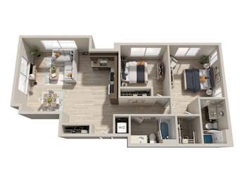 3D two bedroom apartment with skylights and bathroom at Six Oaks Apartments, Bothell
