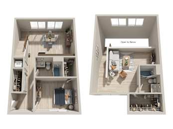 3D two level loft with skylights and open layout at Six Oaks Apartments, Washington, 98011