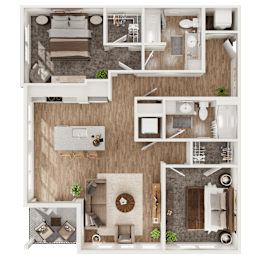 Floor Plan  A top-down view of a house layout with a living room, kitchen, and bathrooms.