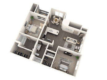 A 3D floor plan of a house with multiple rooms and furniture.