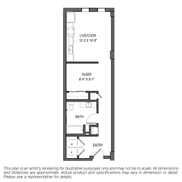 a floor plan of a small room with a bedroom and a bathroom