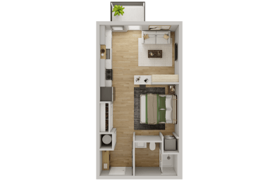 Full unit floor plan of a studio layout with kitchen and bathroom