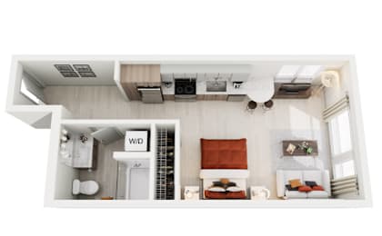 A top-down view of a small apartment with a kitchen, living room, and bathroom.