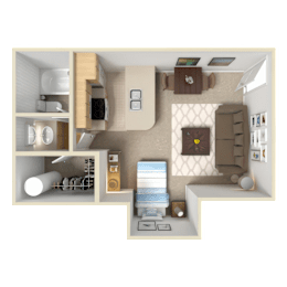 A 3D rendered image of a small apartment layout.