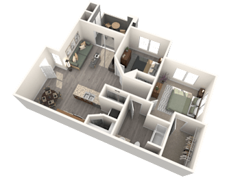 A 3D rendered image of a house layout.