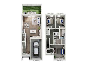 A diagram of a two-bedroom apartment with dimensions.