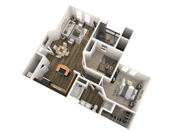 A 3D floor plan of a house with a kitchen, living room, and two bedrooms.