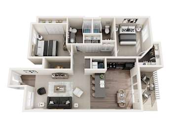A top-down view of a modern apartment layout.