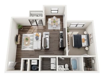 a bedroom with a living room and a dining room
