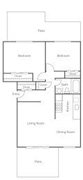 A floor plan of a house with two bedrooms, a living room, a dining room, a kitchen, and a patio.
