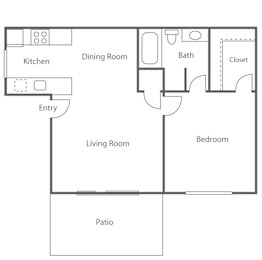 A floor plan of a house with a kitchen, dining room, living room, bedroom, bath, closet, and patio.