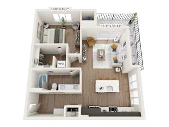 A floor plan of a small apartment with a kitchen, living room, and bathroom.