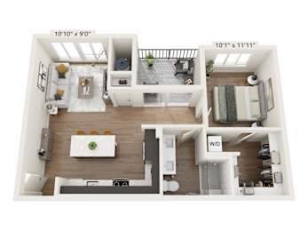 A floor plan of a small apartment with a living room, kitchen, and bathroom.