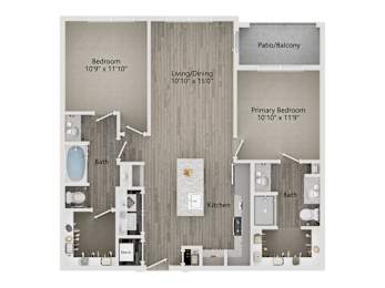 A floor plan of a home with a living room, dining room, kitchen, two bathrooms, a bedroom, and a patio/balcony.