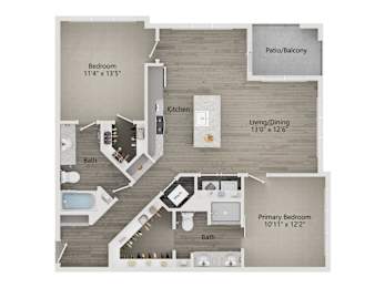 A floor plan of a home with a living room, dining room, kitchen, and three bedrooms.