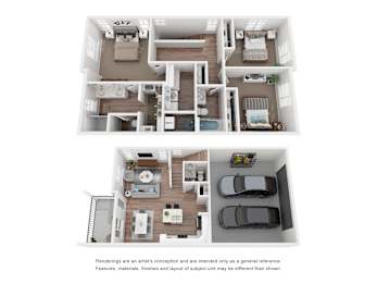 A floor plan of a house with two bedrooms, two bathrooms, a living room, a kitchen, and a garage.