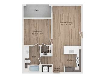 A floor plan of a house with a living/dining area, kitchen, bedroom, bathroom, and garage access.