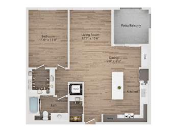 A floor plan of a home showing a bedroom, living room, dining room, kitchen, bathroom, and pantry.