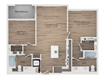 A floor plan of a house with a living room, dining room, kitchen, two bathrooms, a pantry, and two bedrooms.
