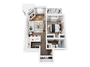 A white model of a house with a kitchen, living room, and bathroom.