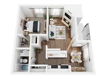 A top-down view of a well-organized, modern apartment with a kitchen, living room, and bedroom.