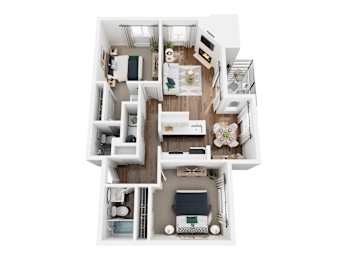 A white model of a house with a kitchen, living room, and two bedrooms.