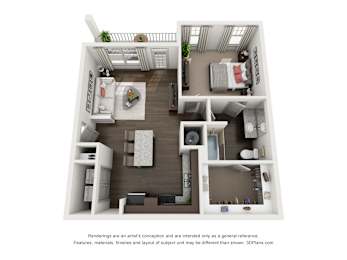 A 3D floor plan of a small apartment with a kitchen, living room, and bedroom.