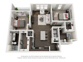 A 3D floor plan of a small apartment with a kitchen, living room, and bedrooms.